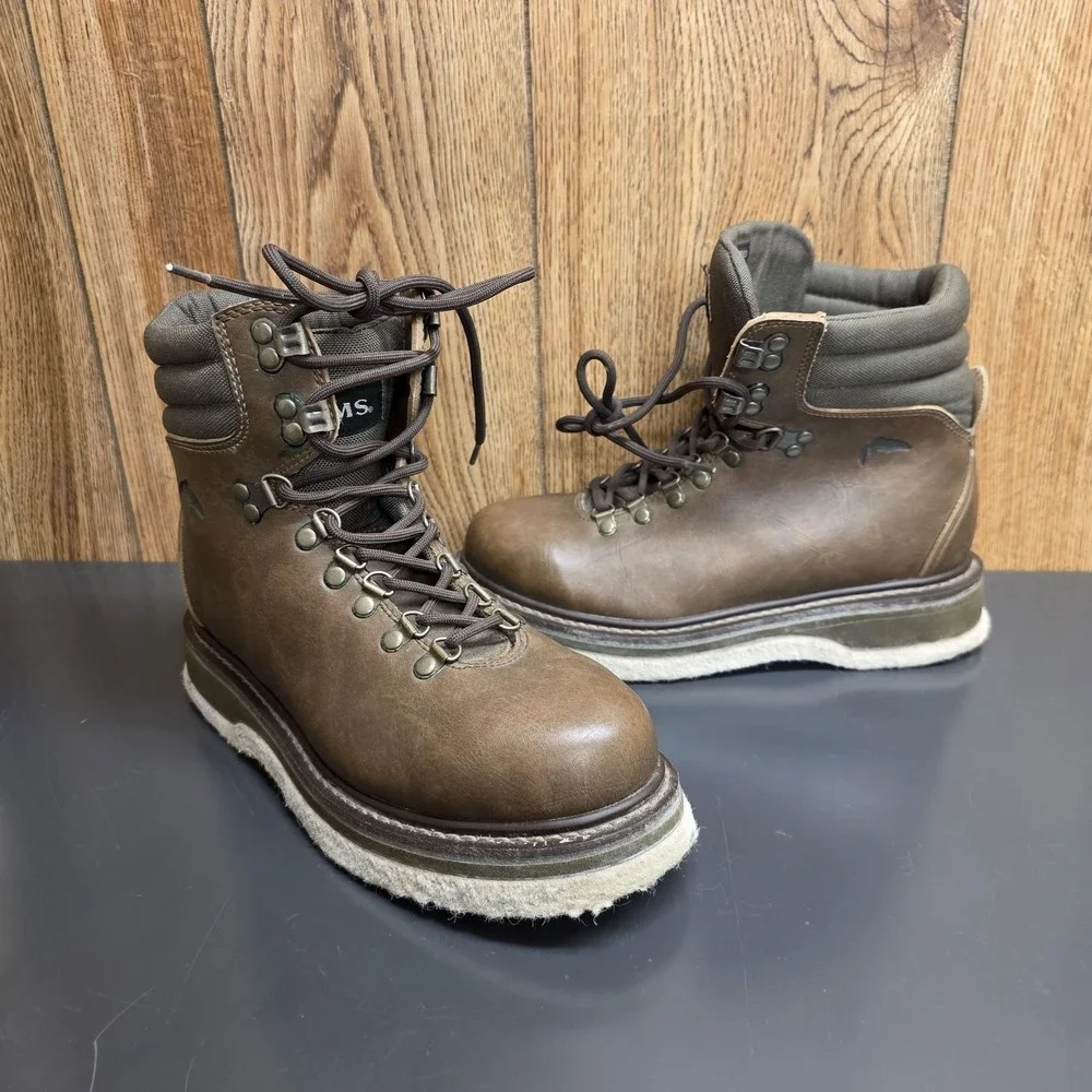 Simms Mens Wading Boots Size 7 Brown Leather Felt Sole Fly Fishing Boots